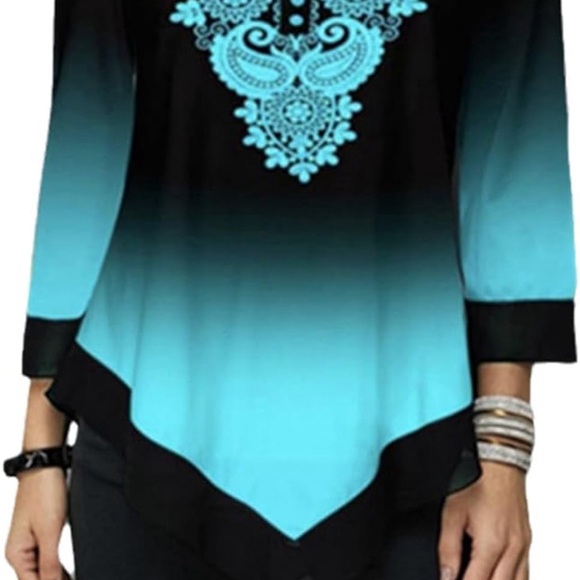 L Gradient Irregular Shirt Print Button VNeck ThreeQuarter Sleeve Ladies Blouse - Picture 6 of 10